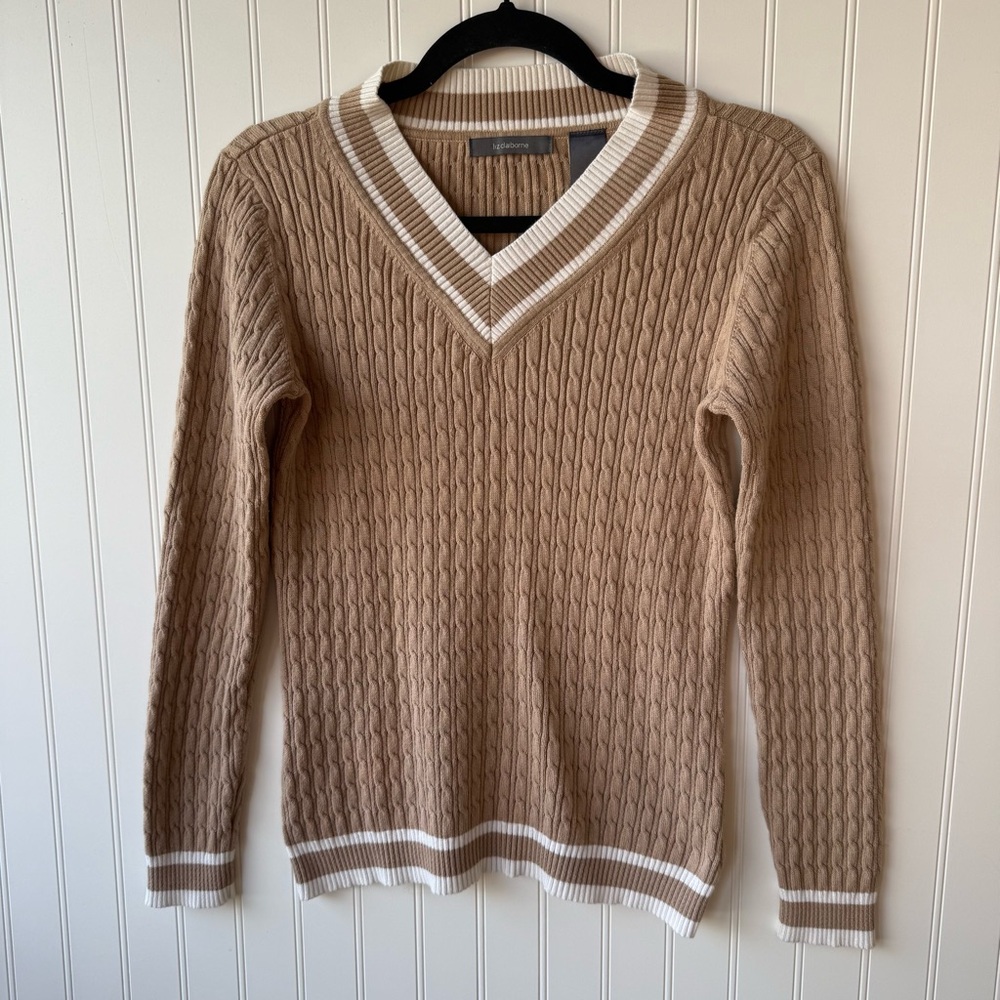 Liz Claiborne Cable Knit V-Neck Sweater Medium Tan Neutral Classic